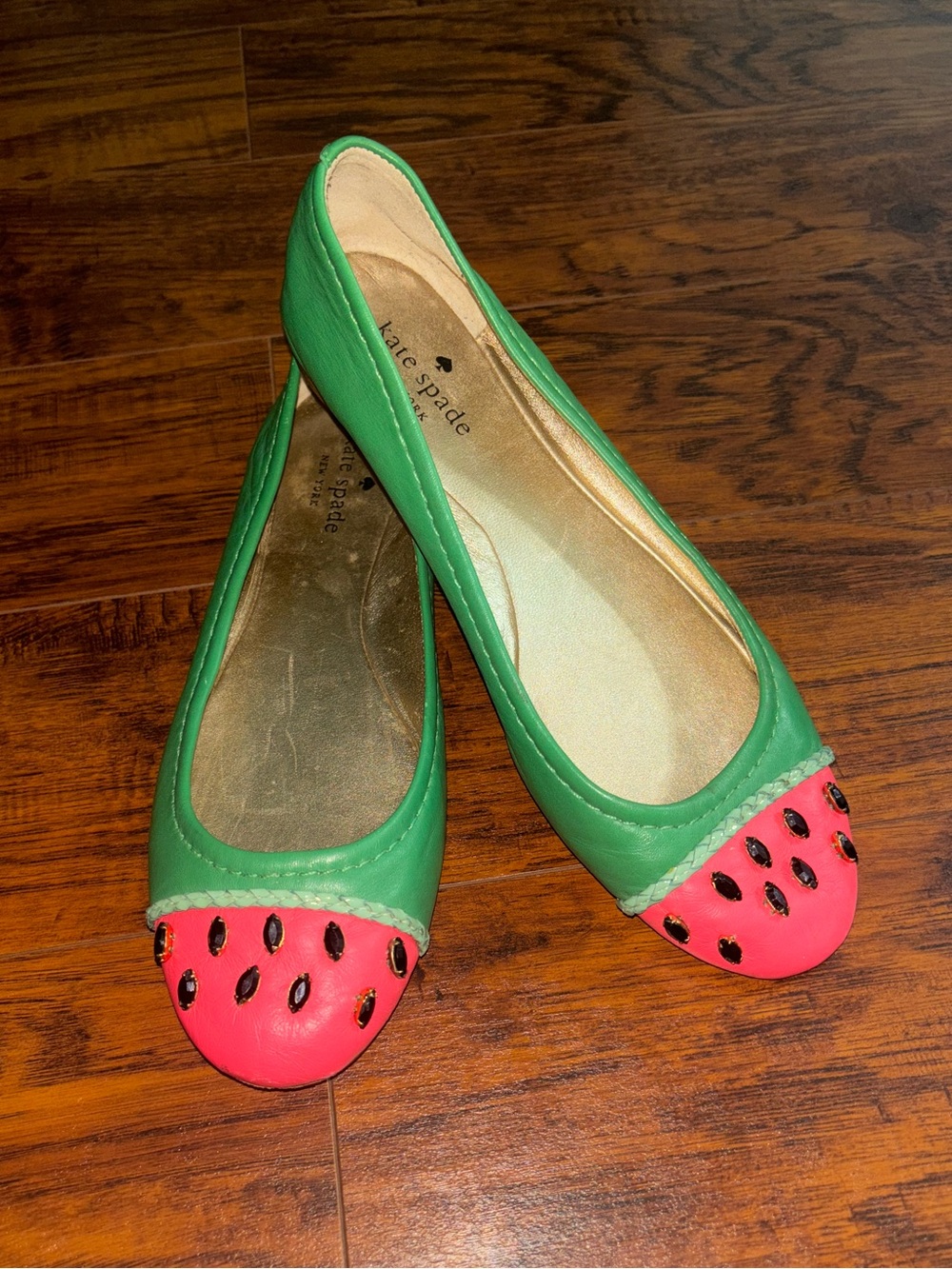 Kate Spade Watermelon Toe Ballet Flats Green Leather Pink Toe Black Crystal Seed